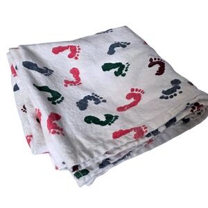 Vtg Baby Footprint Flannel Hospital Receiving Blanket Wht Pnk Blue Green 33x33